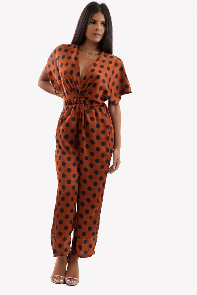 Rust Polka Dot Satin Jumpsuit With Deep V-Line