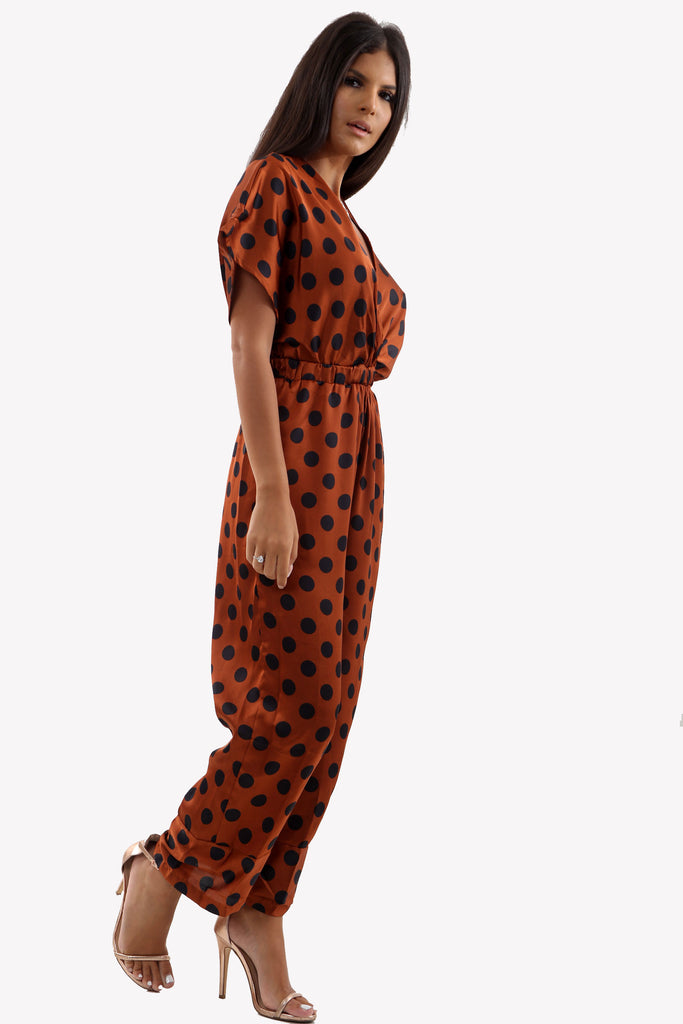 Rust Polka Dot Satin Jumpsuit With Deep V-Line