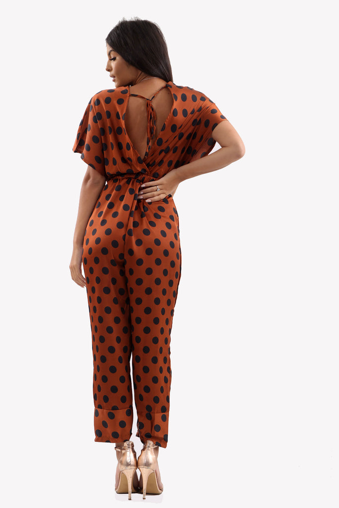 Rust Polka Dot Satin Jumpsuit With Deep V-Line