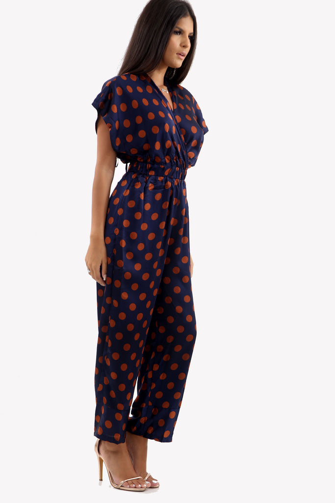 Navy Polka Dot Satin Jumpsuit With Deep V-Line