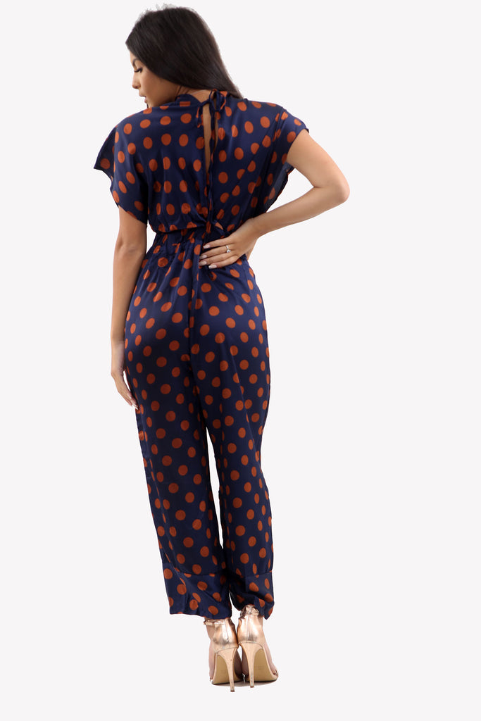 Navy Polka Dot Satin Jumpsuit With Deep V-Line