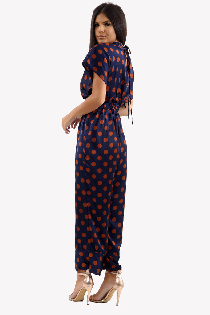 Navy Polka Dot Satin Jumpsuit With Deep V-Line