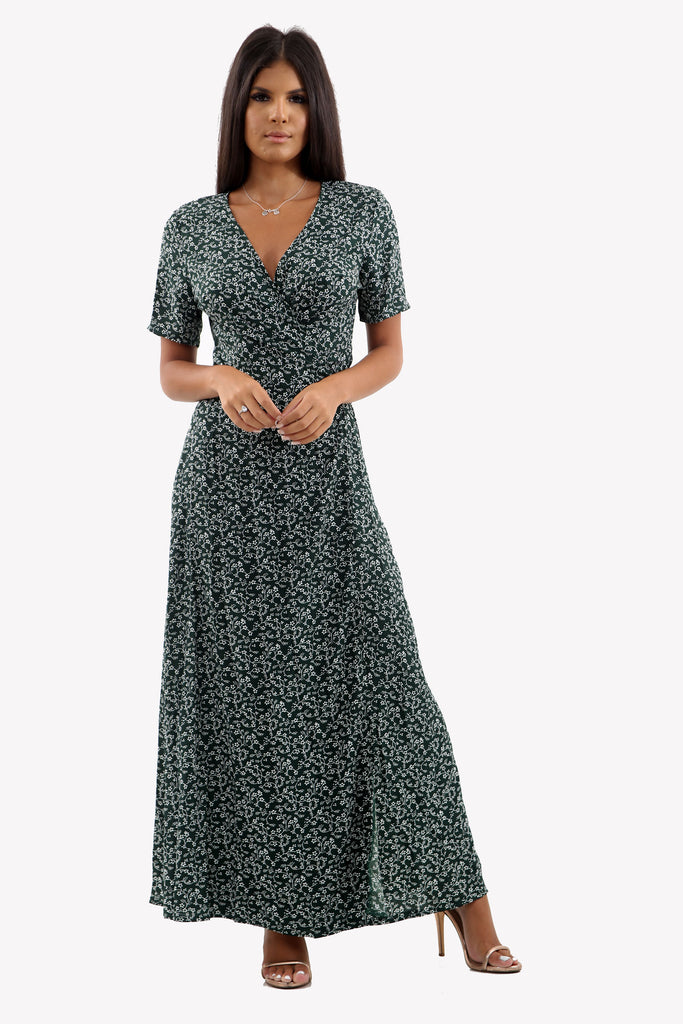 Green Ditsy Print Floral Wrap over Maxi Dress