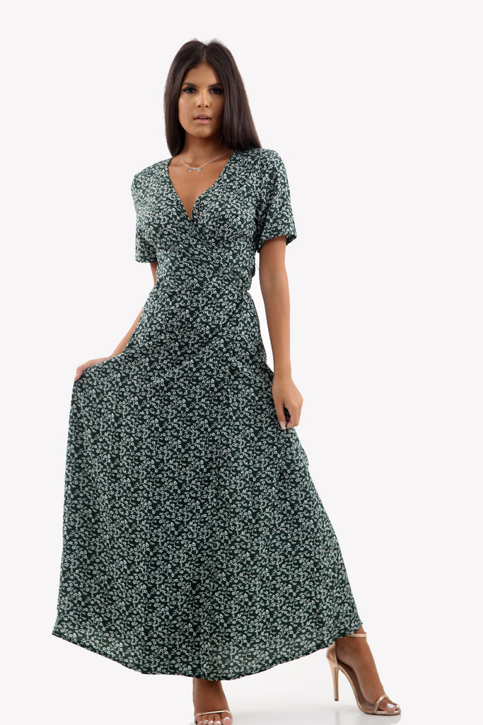 Green Ditsy Print Floral Wrap over Maxi Dress