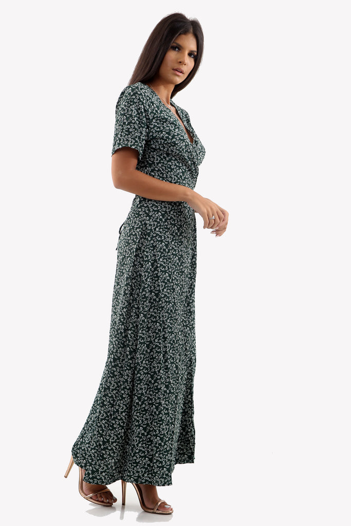 Green Ditsy Print Floral Wrap over Maxi Dress