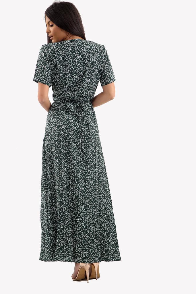 Green Ditsy Print Floral Wrap over Maxi Dress