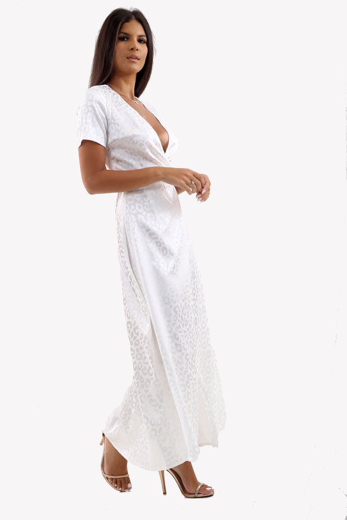 Satin Maxi Wrap Dress In White Leopard Print