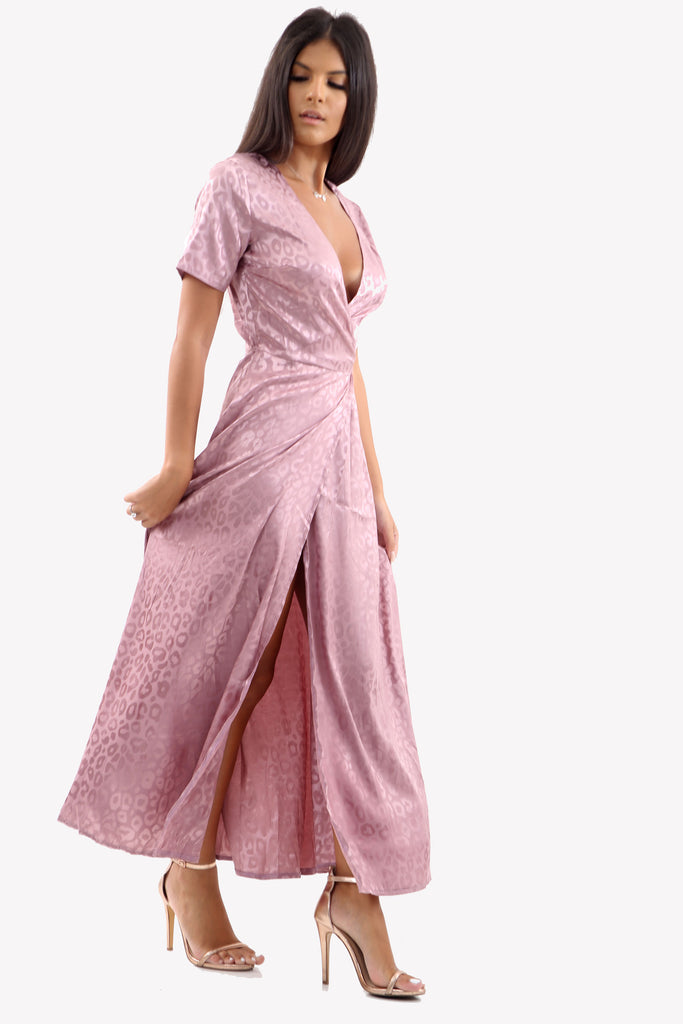 Satin Maxi Wrap Dress In Pink Leopard Print