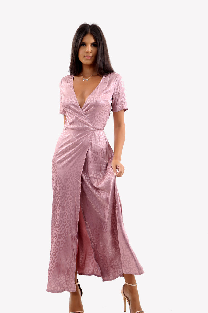 Satin Maxi Wrap Dress In Pink Leopard Print