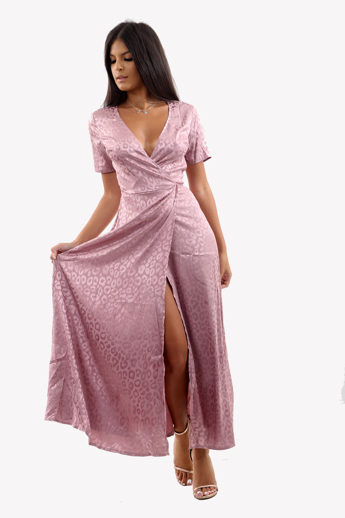 Satin Maxi Wrap Dress In Pink Leopard Print