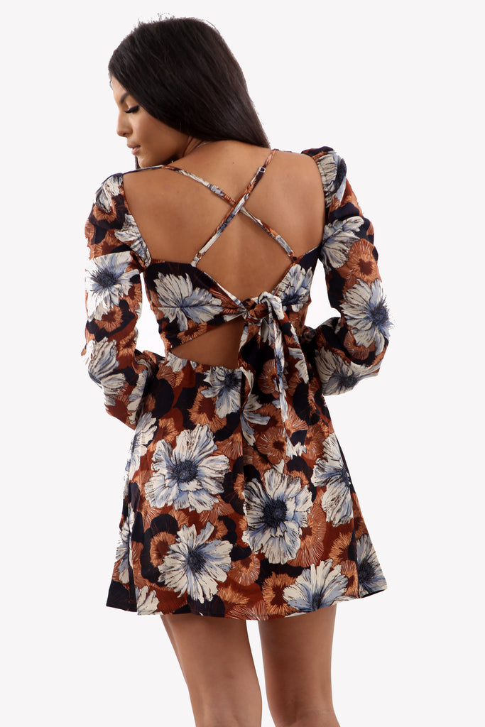 Brown Floral Blossom Sleeve Mini Dress