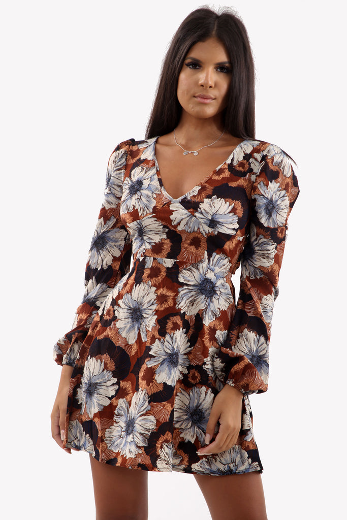 Brown Floral Blossom Sleeve Mini Dress