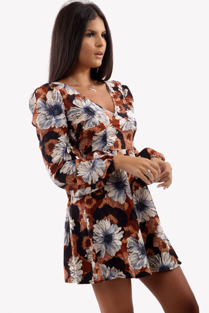 Brown Floral Blossom Sleeve Mini Dress