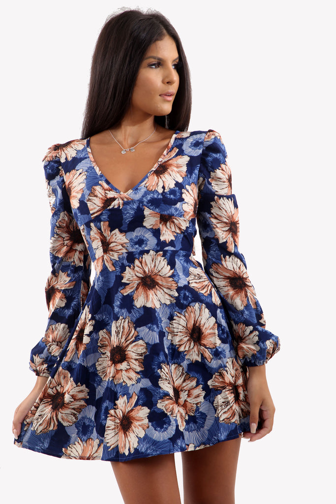 Navy Floral Blossom Sleeve Mini Dress