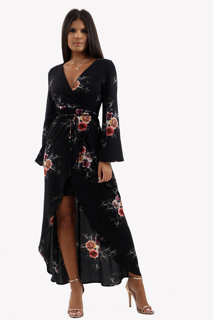 Black Floral Wrap Flare Sleeve Maxi Dress