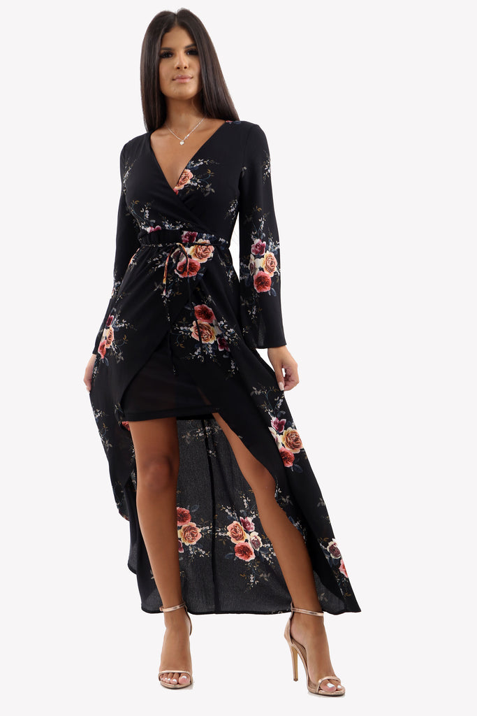 Black Floral Wrap Flare Sleeve Maxi Dress