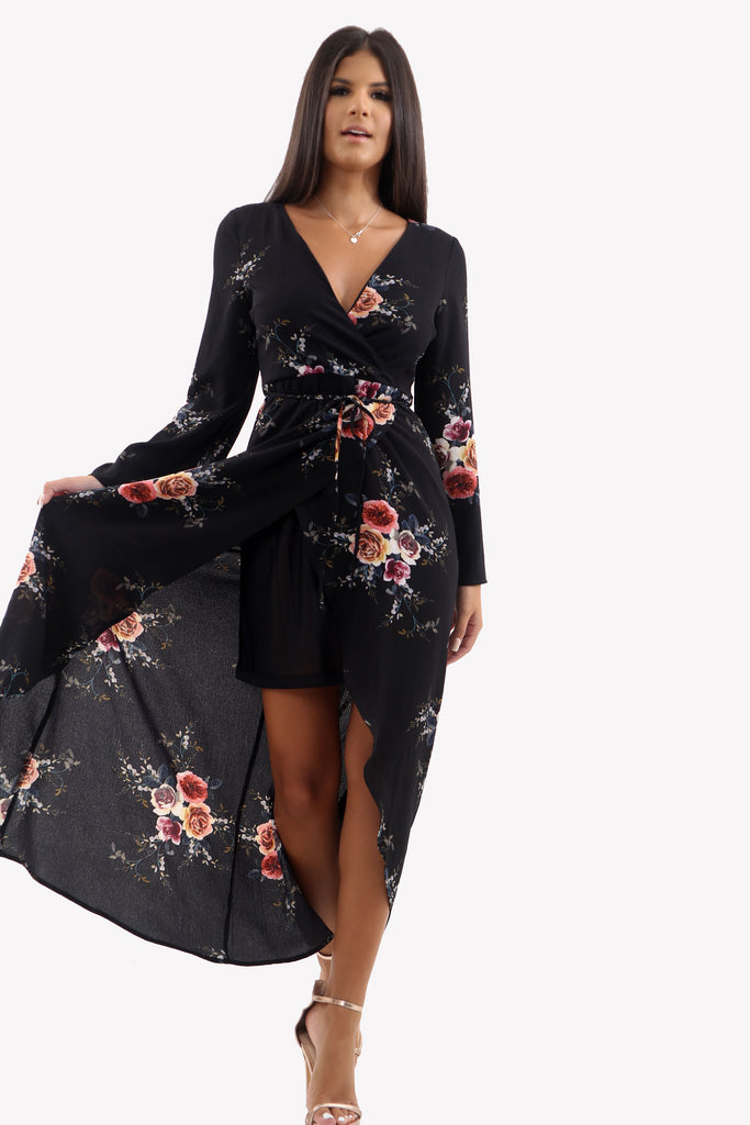 Black Floral Wrap Flare Sleeve Maxi Dress