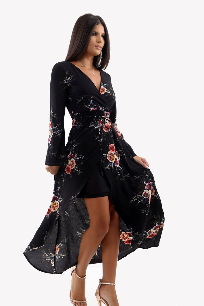 Black Floral Wrap Flare Sleeve Maxi Dress