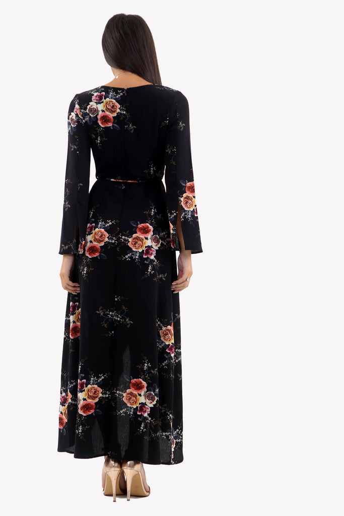 Black Floral Wrap Flare Sleeve Maxi Dress