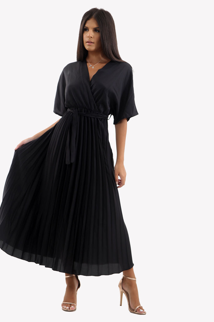 Satin Batwing Pleated Maxi Dress in Black