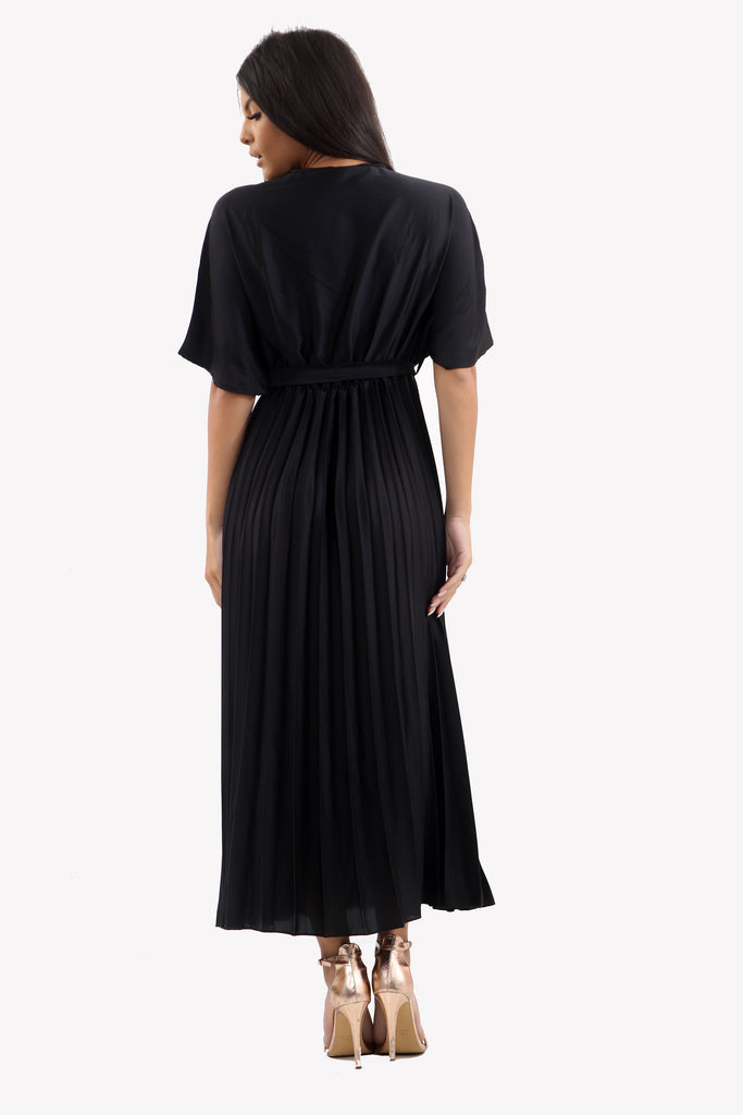 Satin Batwing Pleated Maxi Dress in Black