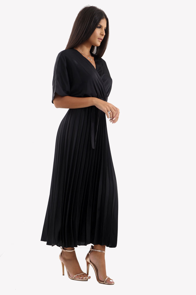 Satin Batwing Pleated Maxi Dress in Black