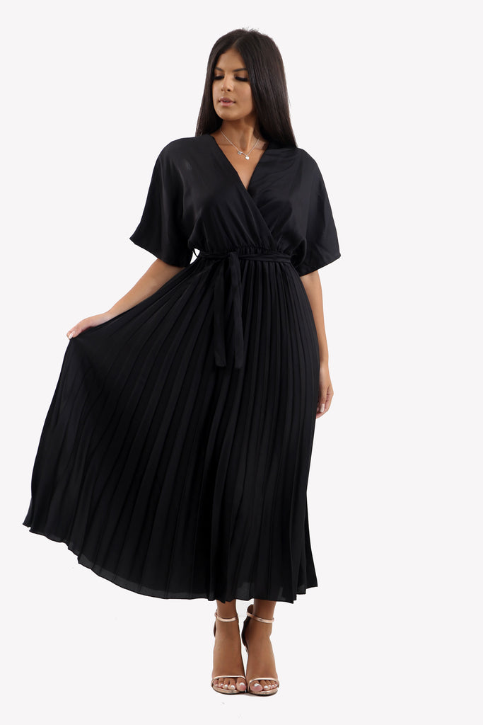 Satin Batwing Pleated Maxi Dress in Black