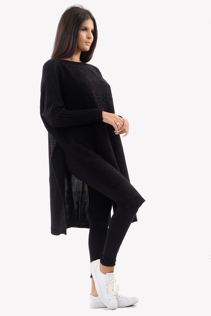 Black Long Sleeve Knitted Jumper With Side Splits