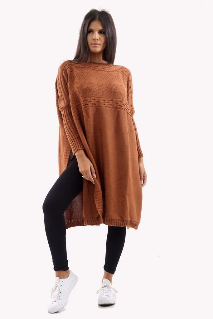 Rust Long Sleeve Knitted Jumper With Side Splits