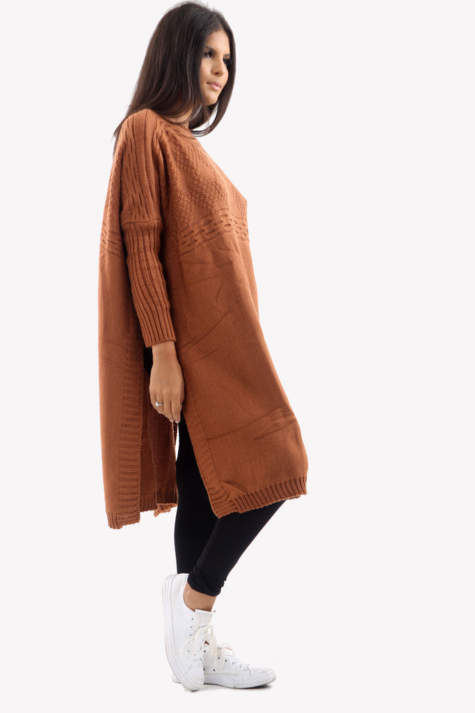 Rust Long Sleeve Knitted Jumper With Side Splits