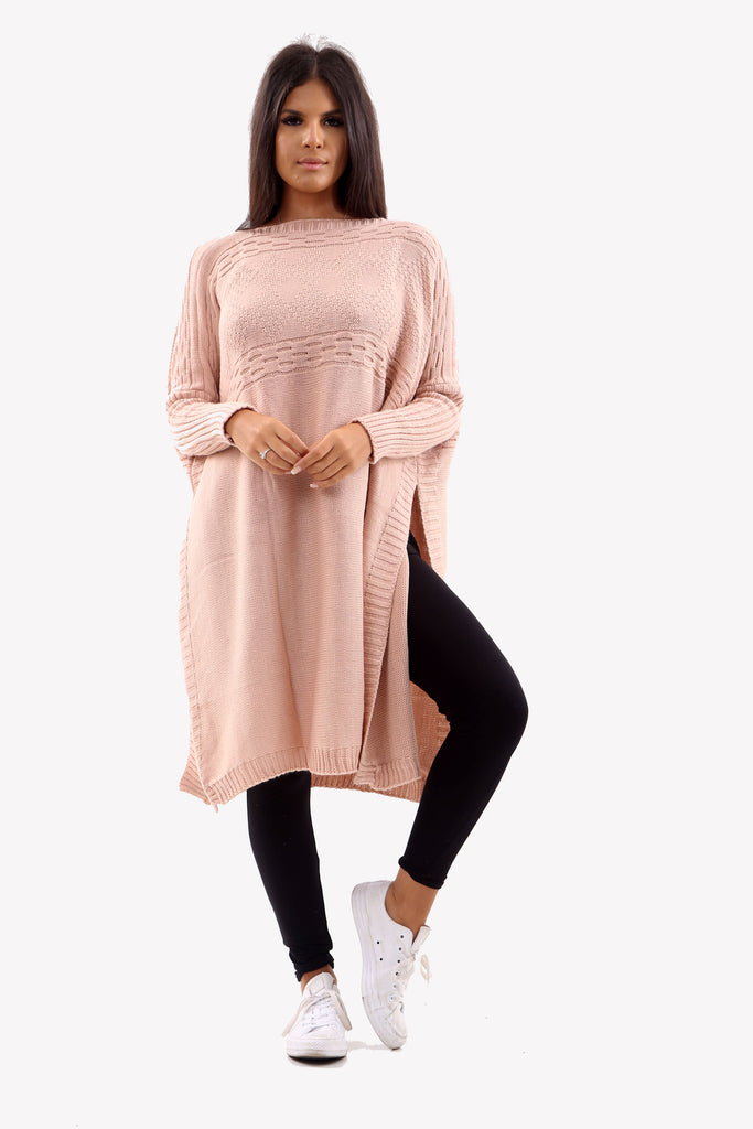 Pink Long Sleeve Knitted Jumper With Side Splits