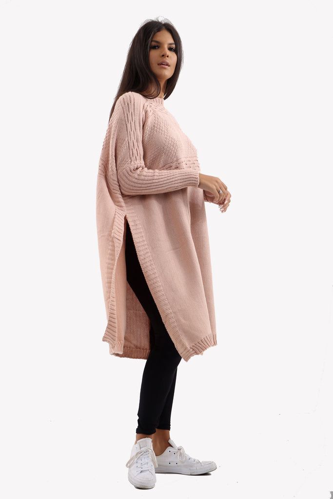 Pink Long Sleeve Knitted Jumper With Side Splits