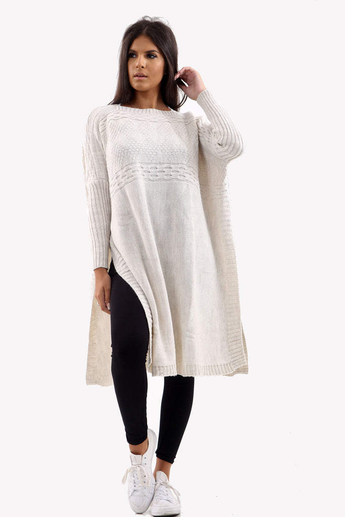 Cream Long Sleeve Knitted Jumper With Side Splits