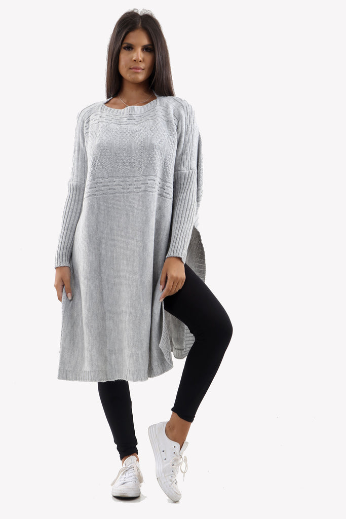 Grey Long Sleeve Knitted Jumper With Side Splits