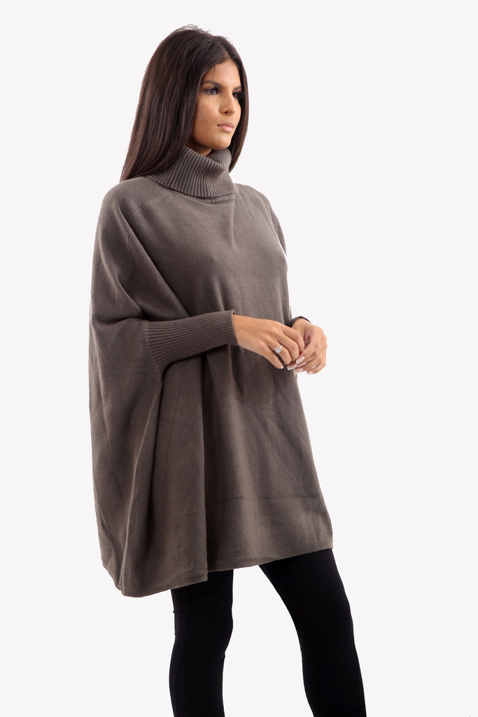 Cocoa Brown Roll Neck Batwing Oversized Soft Jumper