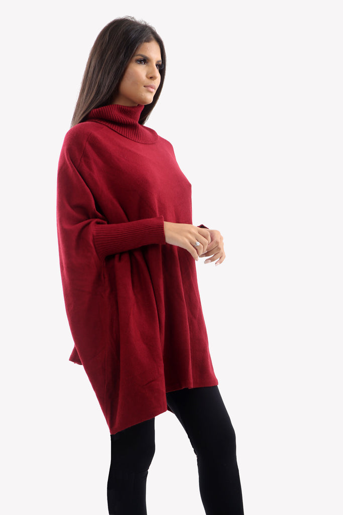 Wine Roll Neck Batwing Oversized Soft Jumper