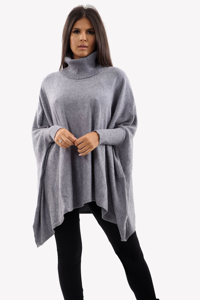 Grey Roll Neck Batwing Oversized Soft Jumper