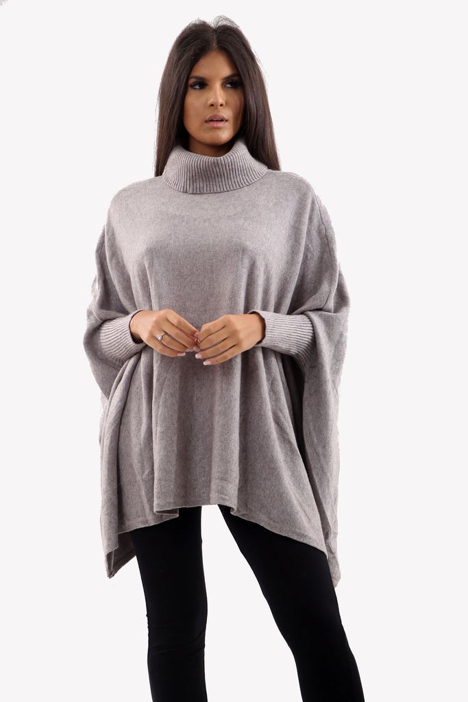 Warm Grey Roll Neck Batwing Oversized Soft Jumper