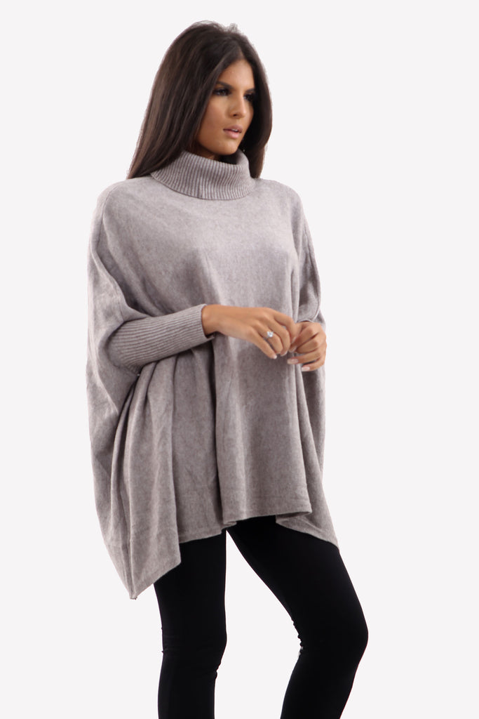 Warm Grey Roll Neck Batwing Oversized Soft Jumper