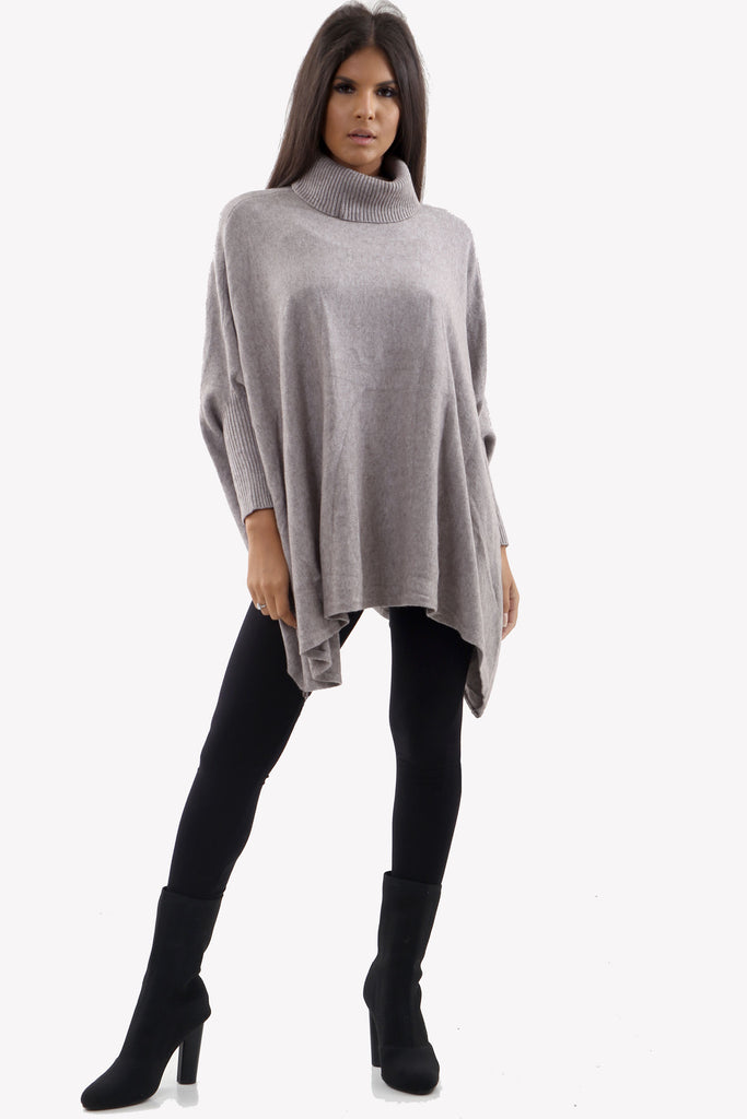 Warm Grey Roll Neck Batwing Oversized Soft Jumper