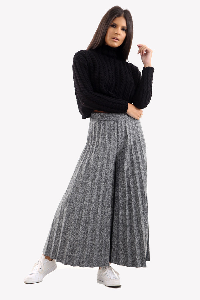 Charcoal Mixed Knit Wide Leg Pleated Culottes