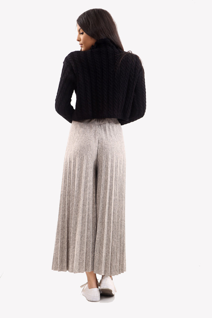 Stone Mixed Knit Wide Leg Pleated Culottes