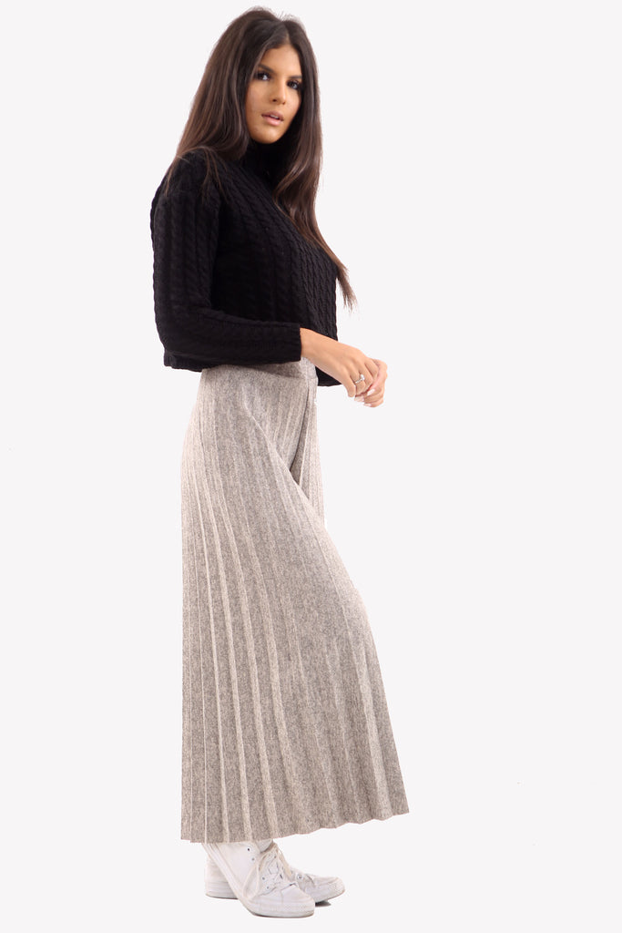 Stone Mixed Knit Wide Leg Pleated Culottes