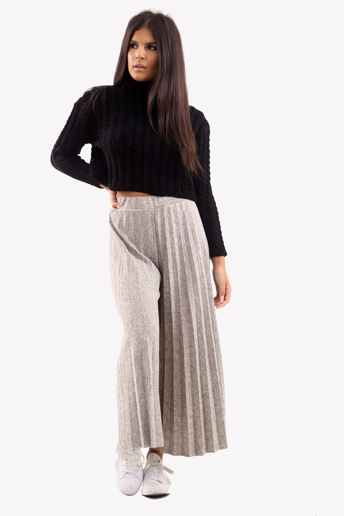 Stone Mixed Knit Wide Leg Pleated Culottes