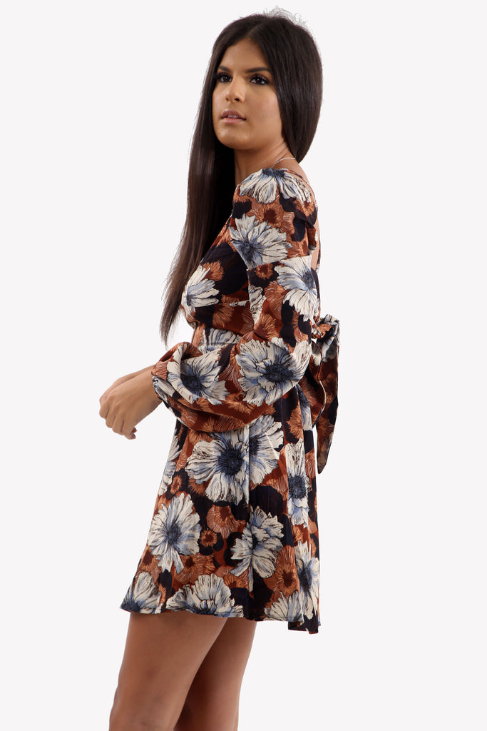 Brown Floral Blossom Sleeve Mini Dress