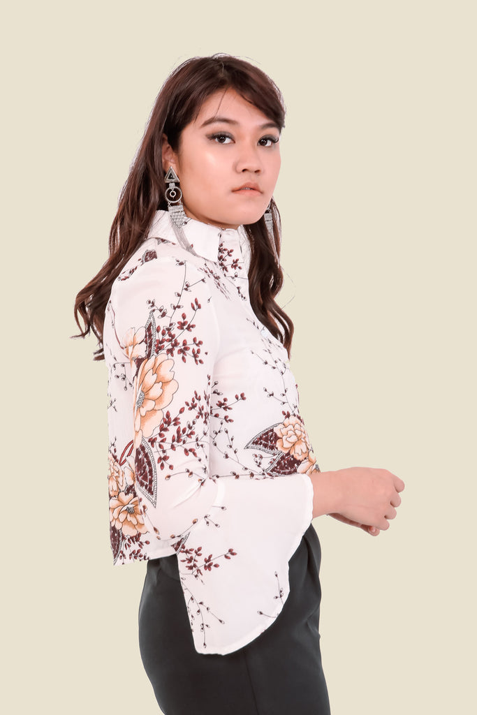 White Floral Cropped Shirt With Flared Sleeves