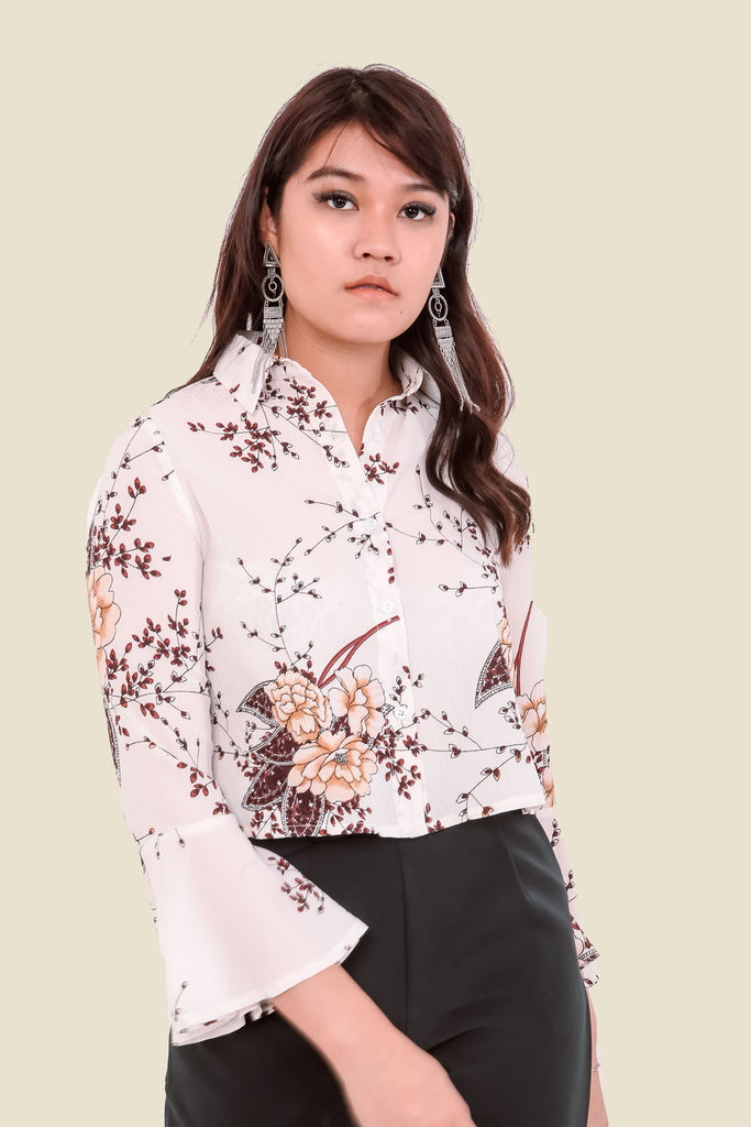 White Floral Cropped Shirt With Flared Sleeves