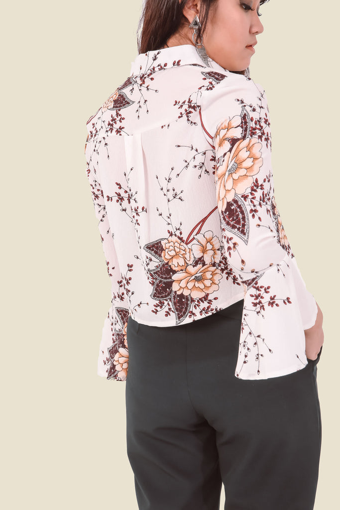 White Floral Cropped Shirt With Flared Sleeves