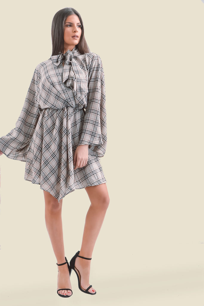 Grey Plaid Flare Sleeve Pussy Bow V-Neck Dress