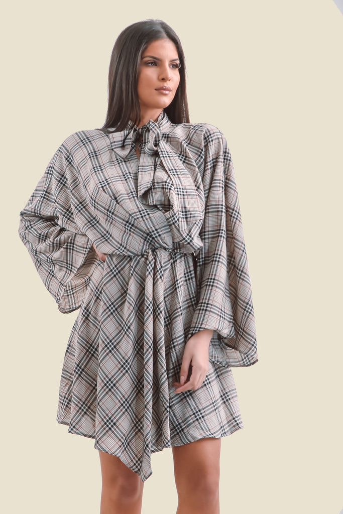 Grey Plaid Flare Sleeve Pussy Bow V-Neck Dress